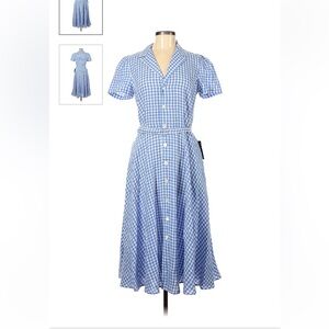 Ralph Lauren Blue and White Gingham Linen Midi Dress Size 6